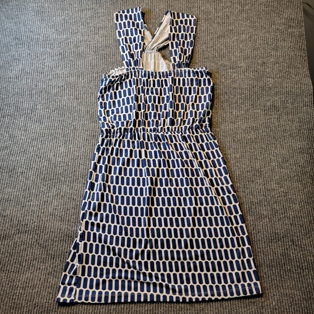 Mud Pie Dress Sleeveless Geometric Retro 60's Halter Medium Blue & White
